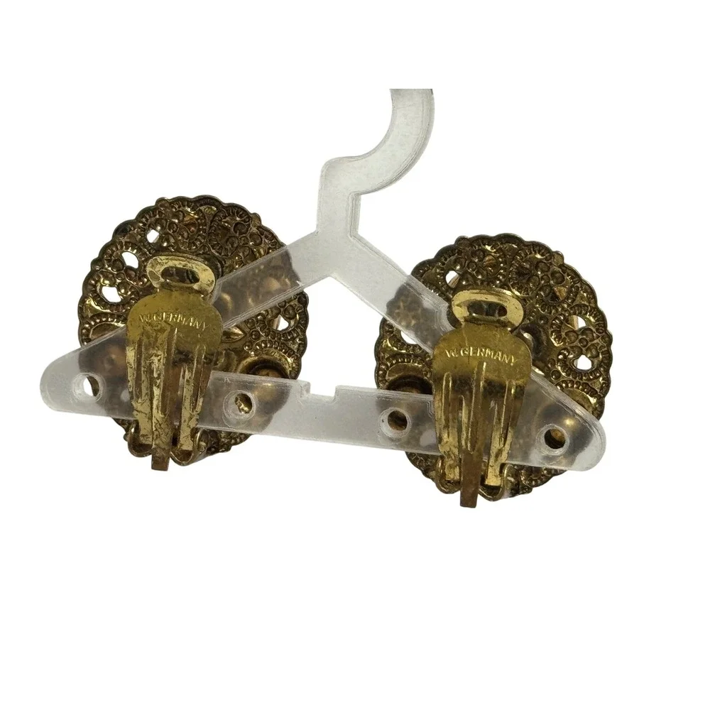 Vintage W Germany Clip On Earrings Brown‎ Jewel Faux Pearl Gold Tone Statement